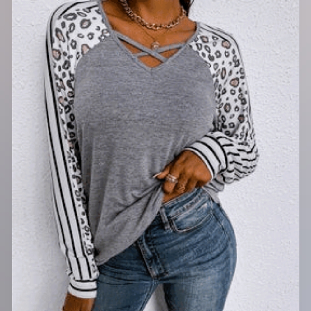 Gray Criss-Cross V-Neck, Striped + Leopard Print Long Sleeve Top, SMALL ~ NWOT
